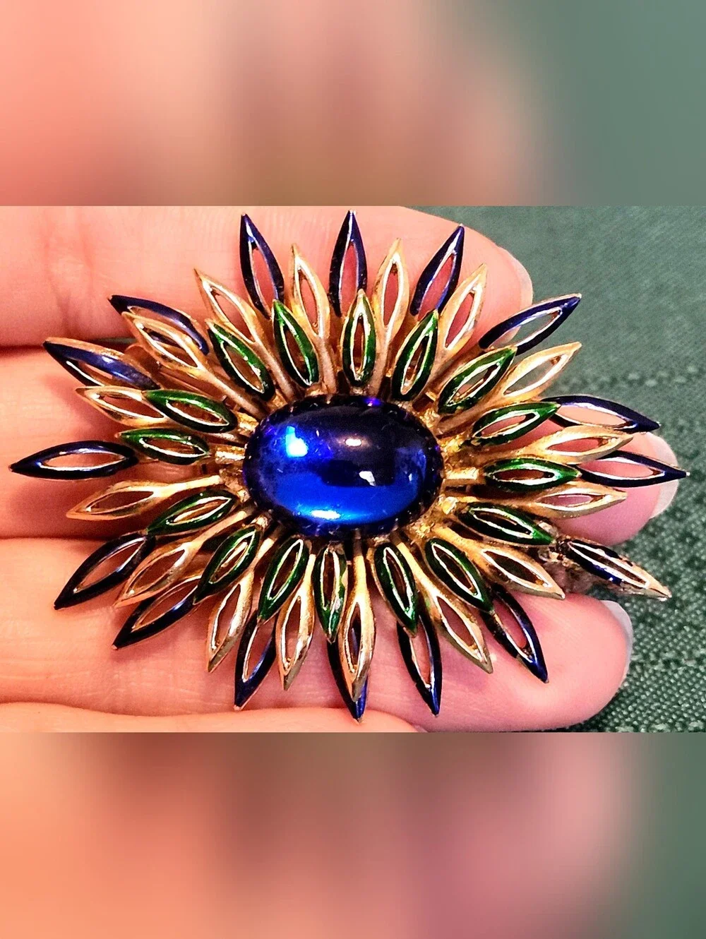Vintage Crown Trifari Blue Cabochon and Enamel Starburst Brooch
